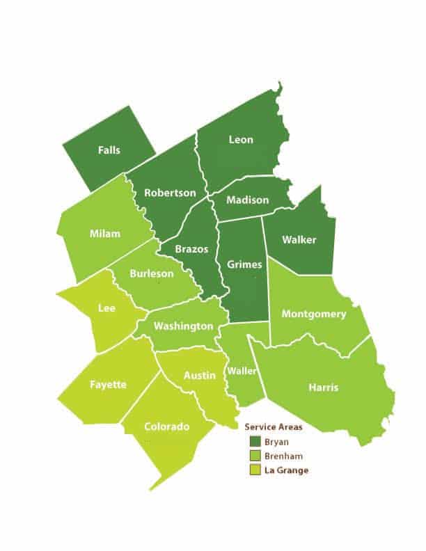 Service areas in Texas counties